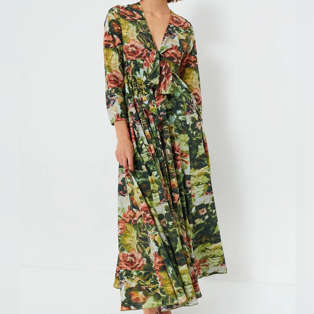 Floral V-Neck Long Sleeve Maxi Dress in Green and Rose